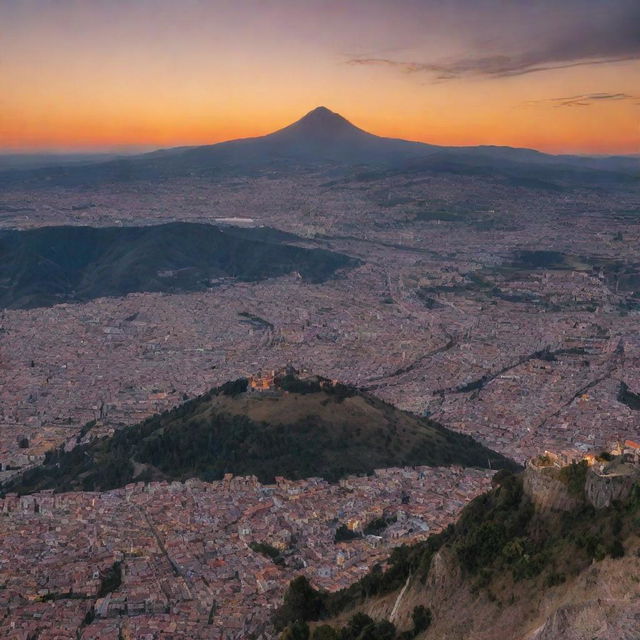 A stunning 8k resolution image of a sunset over a mountain with a small, distant view of the city of Cuenca, Ecuador