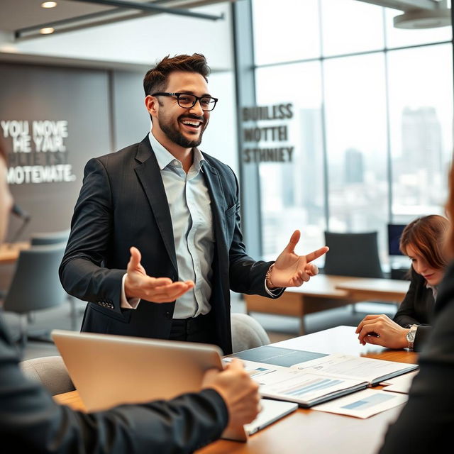 A high-performance salesperson in a modern office environment, wearing a smart business suit, energetically engaging with clients, showcasing persuasive communication skills