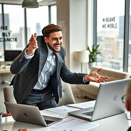 A high-performance salesperson in a modern office environment, wearing a smart business suit, energetically engaging with clients, showcasing persuasive communication skills