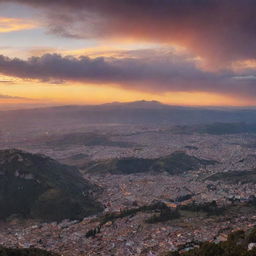 A stunning 8k resolution image of a sunset over a mountain with a small, distant view of the city of Cuenca, Ecuador