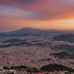 A stunning 8k resolution image of a sunset over a mountain with a small, distant view of the city of Cuenca, Ecuador