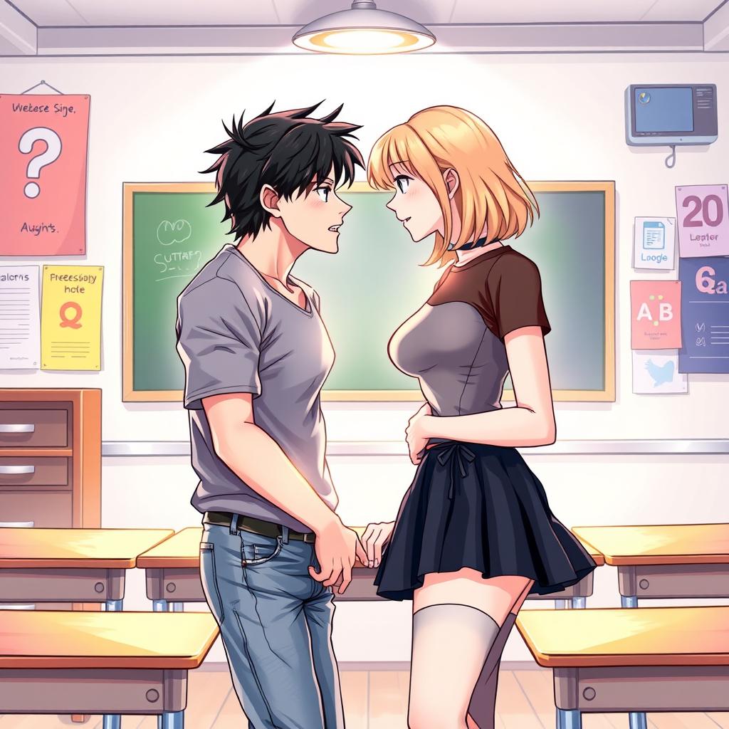 An engaging illustration of young adults, both male and female, facing each other in a seductive pose inside a classroom