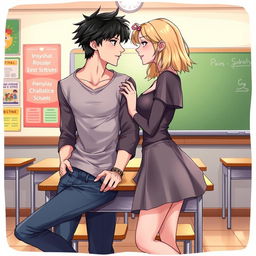 An engaging illustration of young adults, both male and female, facing each other in a seductive pose inside a classroom