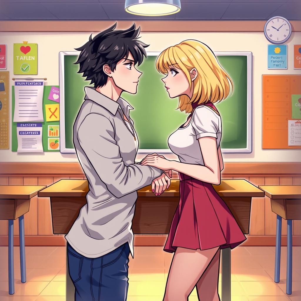 An engaging illustration of young adults, both male and female, facing each other in a seductive pose inside a classroom