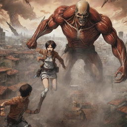 An epic, detailed illustration of Shingeki no Kyojin, (Attack on Titan) featuring the central characters: Eren, Mikasa, and Armin, defending their city from terrifying Titans.