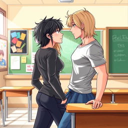 An engaging illustration of young adults, both male and female, facing each other in a seductive pose inside a classroom