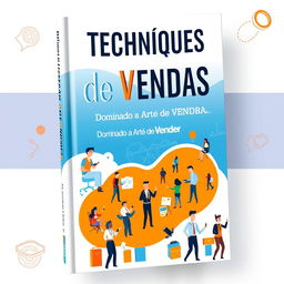 A captivating book cover design focused on sales techniques, showcasing an engaging scene of diverse sales professionals in action, demonstrating effective sales strategies in various settings like meetings and phone calls