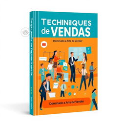 A captivating book cover design focused on sales techniques, showcasing an engaging scene of diverse sales professionals in action, demonstrating effective sales strategies in various settings like meetings and phone calls