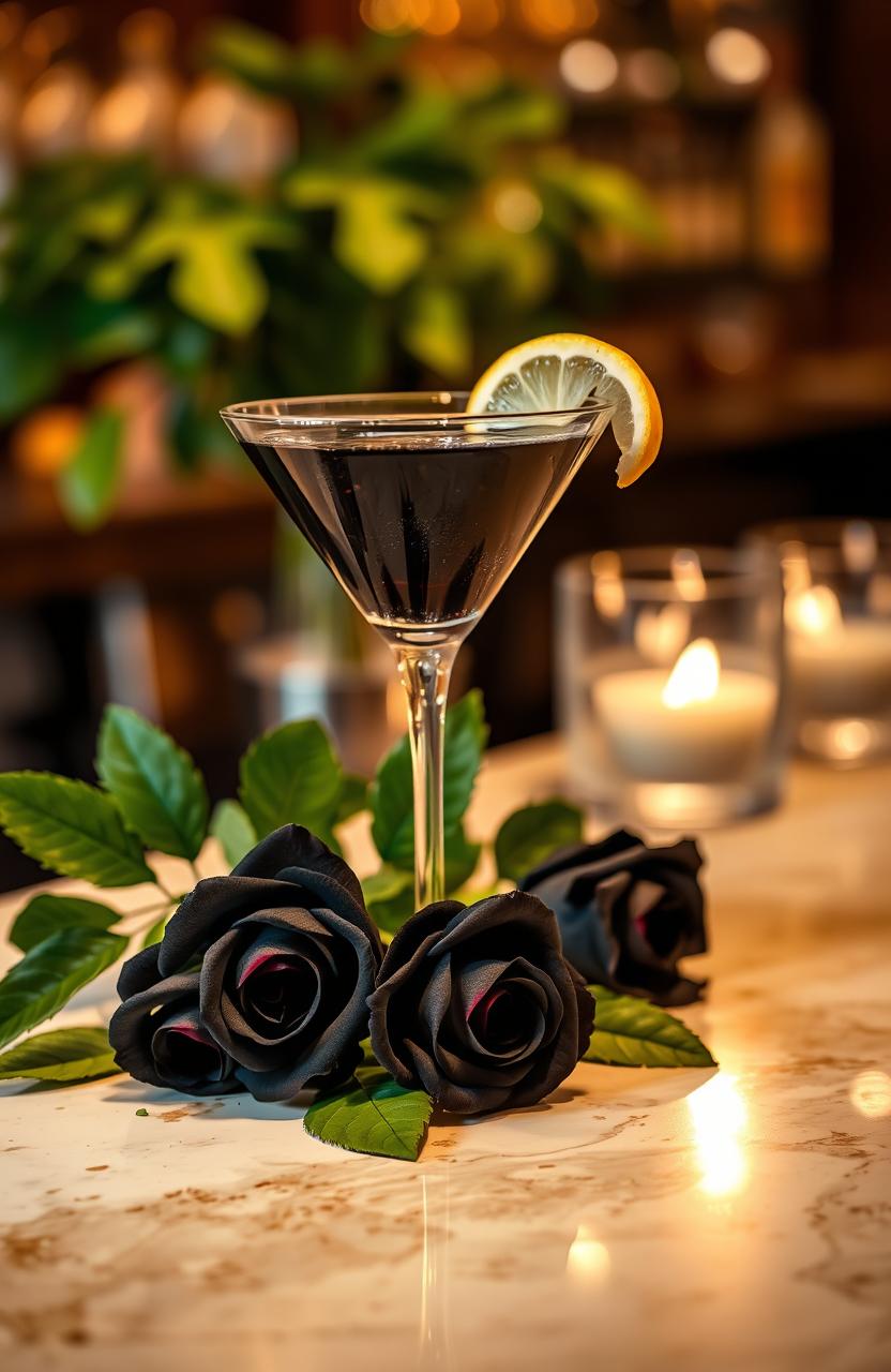 A beautifully crafted martini cocktail placed elegantly on a polished bar counter, garnished with a twist of lemon