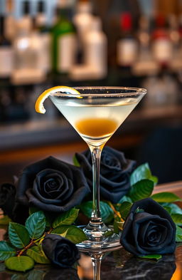 A beautifully crafted martini cocktail placed elegantly on a polished bar counter, garnished with a twist of lemon