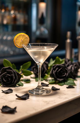 A beautifully crafted martini cocktail placed elegantly on a polished bar counter, garnished with a twist of lemon