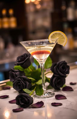 A beautifully crafted martini cocktail placed elegantly on a polished bar counter, garnished with a twist of lemon