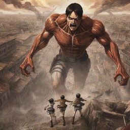 An epic, detailed illustration of Shingeki no Kyojin, (Attack on Titan) featuring the central characters: Eren, Mikasa, and Armin, defending their city from terrifying Titans.