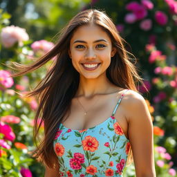 A portrait of a young woman with long flowing hair, wearing a stylish summer dress adorned with vibrant floral patterns