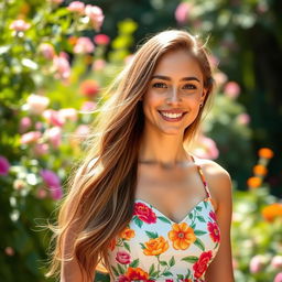 A portrait of a young woman with long flowing hair, wearing a stylish summer dress adorned with vibrant floral patterns