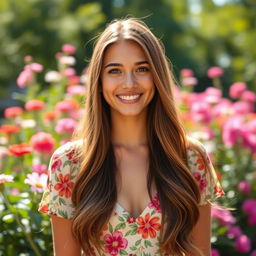 A portrait of a young woman with long flowing hair, wearing a stylish summer dress adorned with vibrant floral patterns