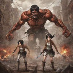 An epic, detailed illustration of Shingeki no Kyojin, (Attack on Titan) featuring the central characters: Eren, Mikasa, and Armin, defending their city from terrifying Titans.