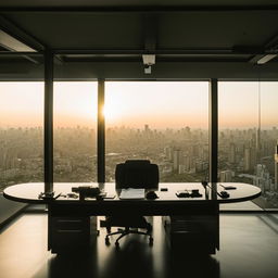 In broad daylight, the penthouse office of the SWAT Commander, characterized by its sweeping glass walls providing a panoramic view of the bustling city.