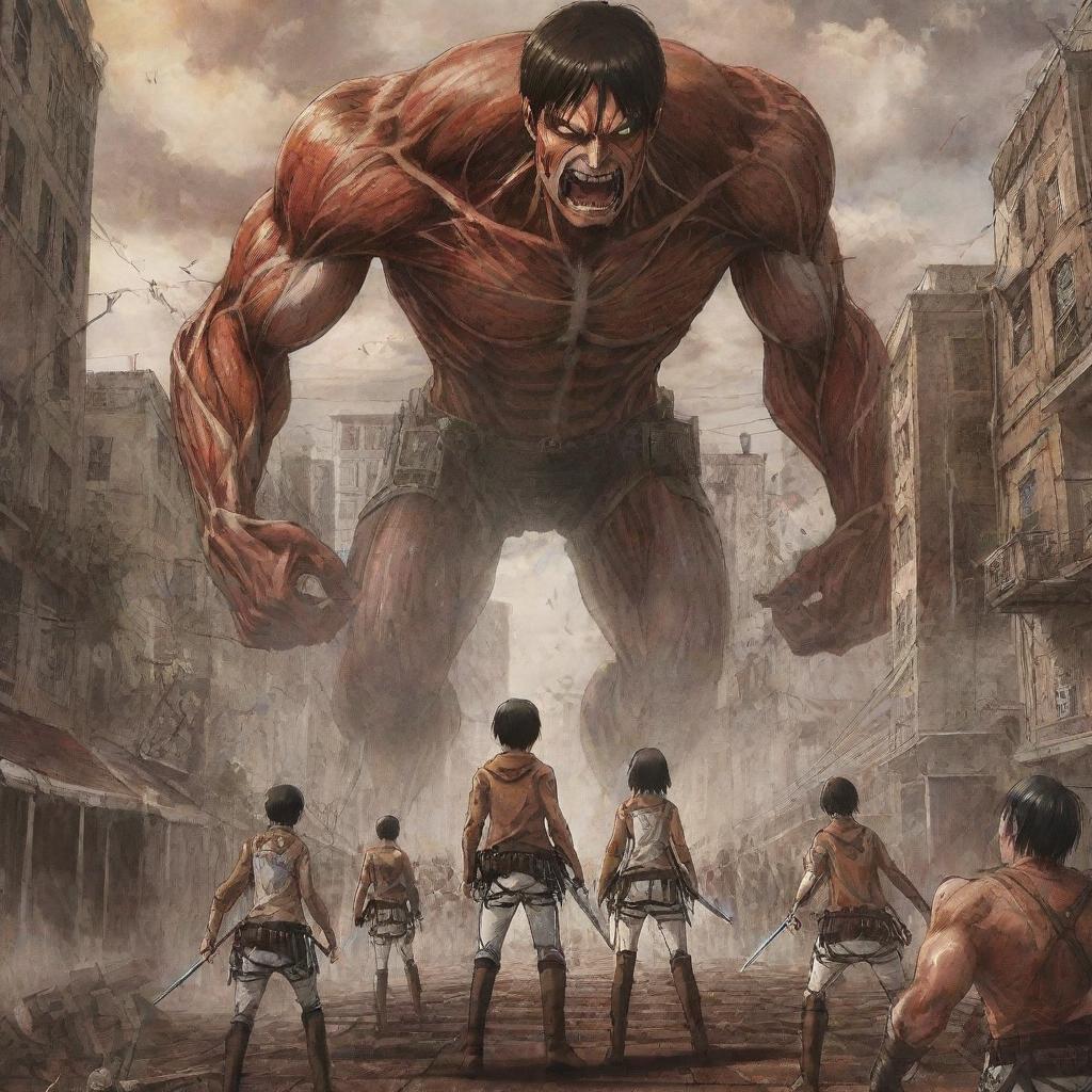 An epic, detailed illustration of Shingeki no Kyojin, (Attack on Titan) featuring the central characters: Eren, Mikasa, and Armin, defending their city from terrifying Titans.