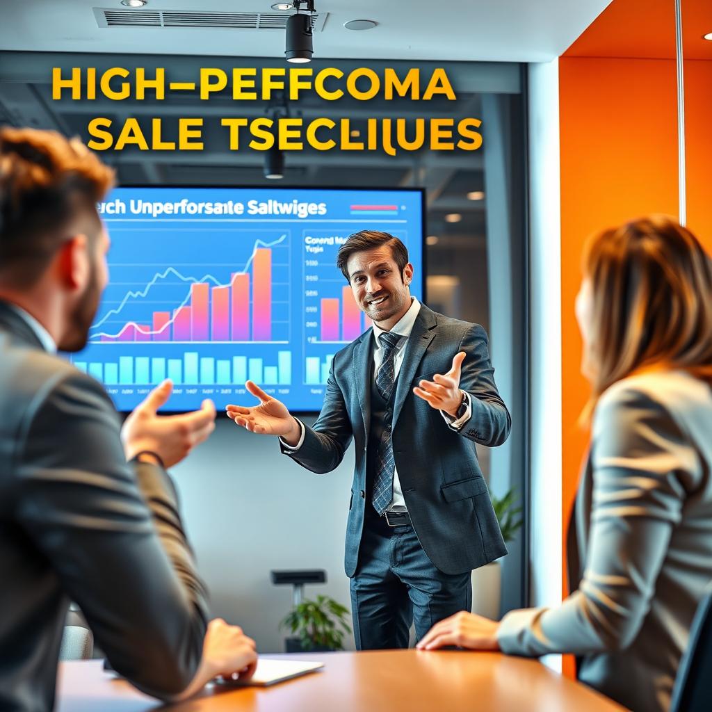 A dynamic and visually appealing scene illustrating high-performance sales techniques