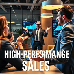 A dynamic and visually appealing scene illustrating high-performance sales techniques