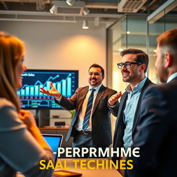 A dynamic and visually appealing scene illustrating high-performance sales techniques