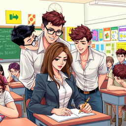 An engaging illustration of two men observing a woman in a busy classroom setting