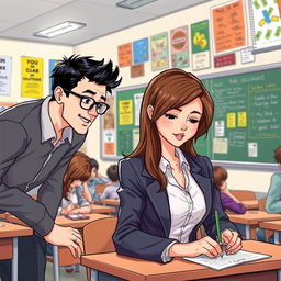 An engaging illustration of two men observing a woman in a busy classroom setting