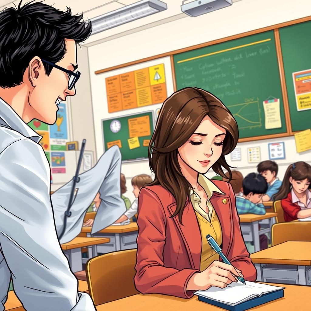 An engaging illustration of two men observing a woman in a busy classroom setting