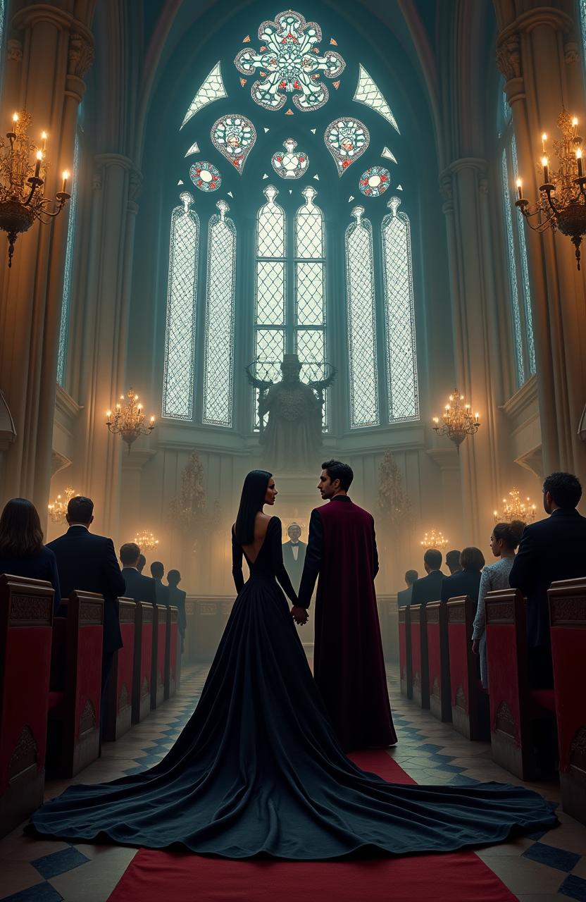 An adult Wednesday Addams, age 27, stands in an enormous gothic church adorned with intricate stained glass windows, dressed in a striking black gothic gown featuring a dramatic train