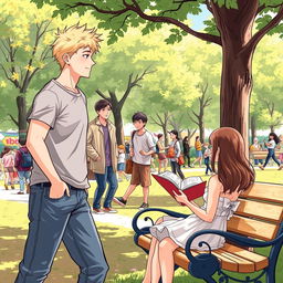 An engaging illustration of two men observing a woman in a busy park setting filled with lively activities