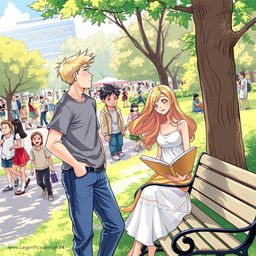 An engaging illustration of two men observing a woman in a busy park setting filled with lively activities