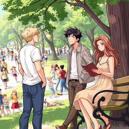 An engaging illustration of two men observing a woman in a busy park setting filled with lively activities