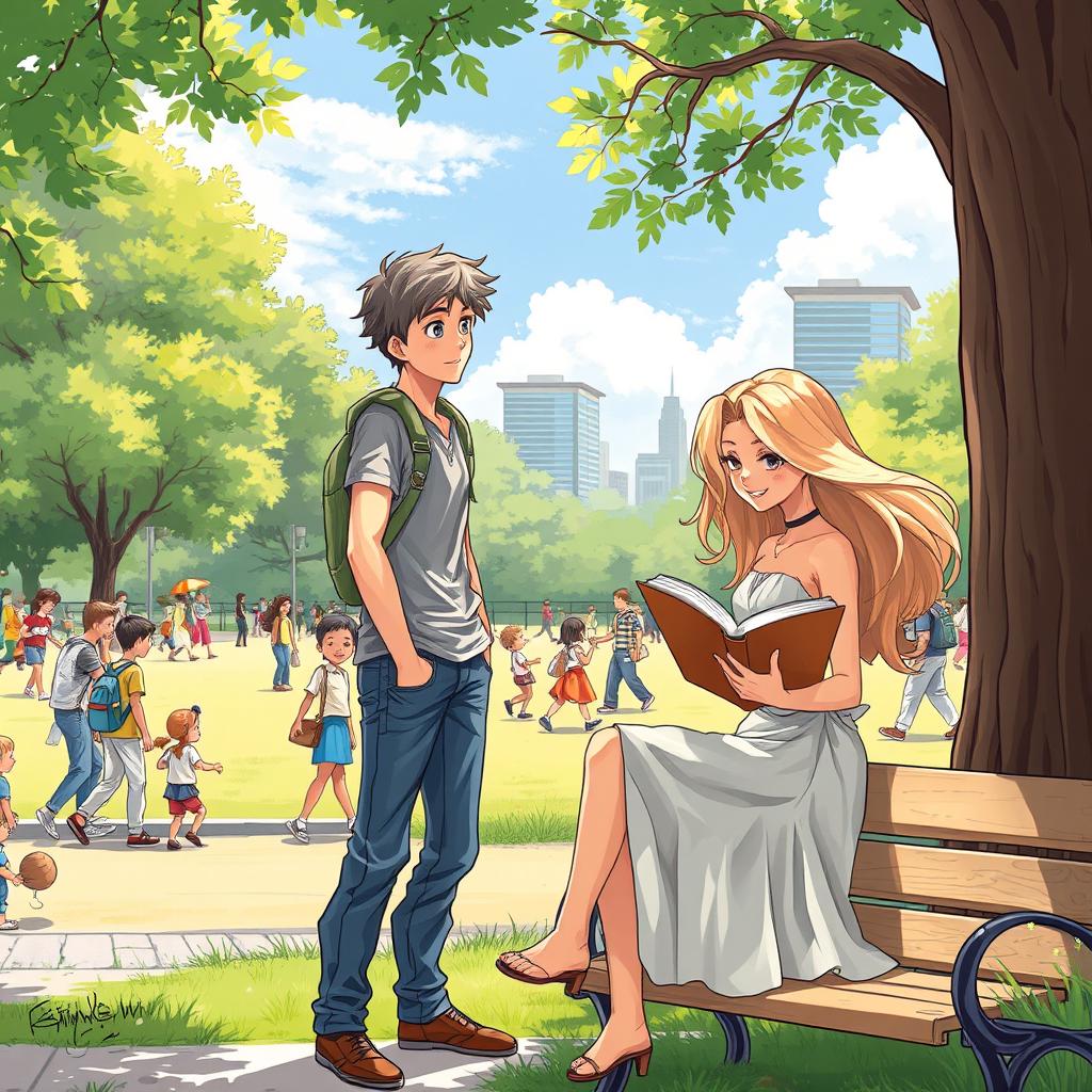 An engaging illustration of two men observing a woman in a busy park setting filled with lively activities