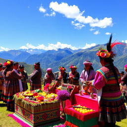 A vibrant Andean traditional ceremony taking place in the picturesque highlands of Peru