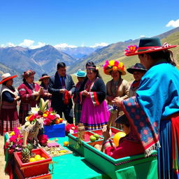 A vibrant Andean traditional ceremony taking place in the picturesque highlands of Peru