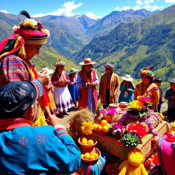 A vibrant Andean traditional ceremony taking place in the picturesque highlands of Peru