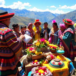 A vibrant Andean traditional ceremony taking place in the picturesque highlands of Peru