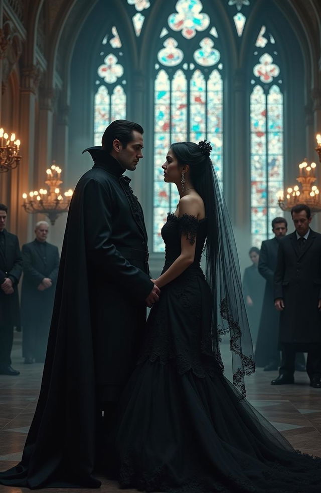 A captivating scene depicting a 27-year-old Wednesday Adams in a stunning black gothic wedding dress with an elegant train, standing next to a 30-year-old Dracula in classic gothic attire