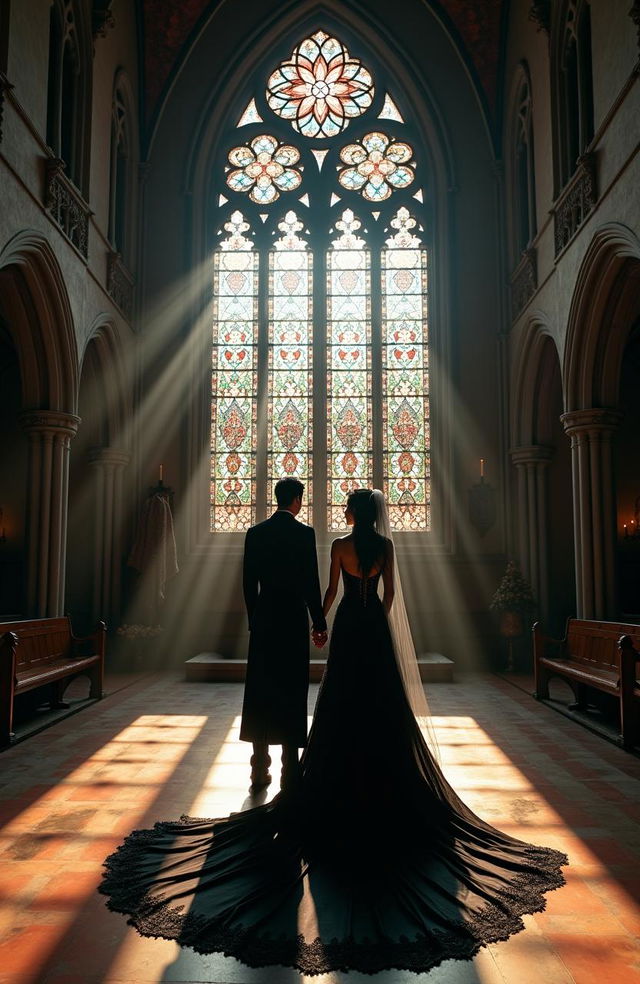 A mesmerizing ultra wide angle shot of an enormous gothic stained glass church, serving as the backdrop for a captivating scene