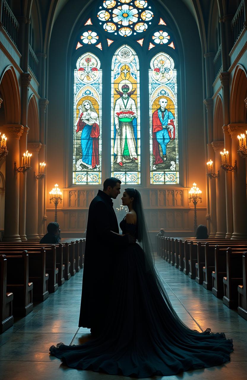 A visually striking ultra wide angle shot of an enormous gothic stained glass church, capturing a whimsical yet eerie scene