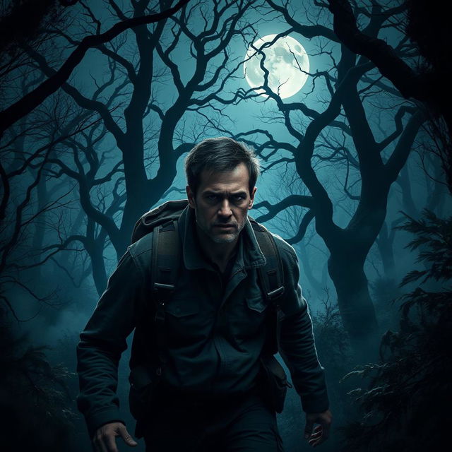 An intense and hyper-realistic image of a man lost in a dark, eerie forest, seemingly pursued by looming shadows