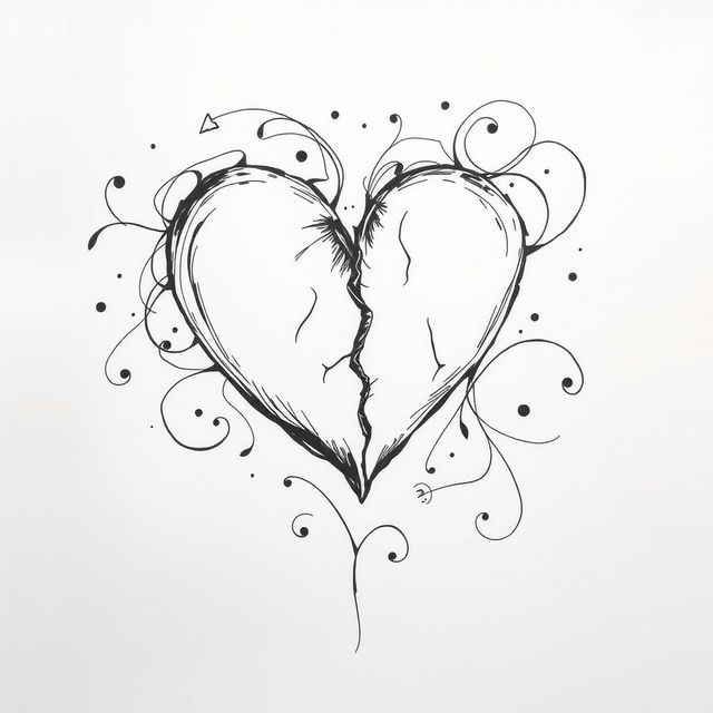 A hand-drawn black and white illustration of a broken heart, symbolizing lost love and the complexity of emotions