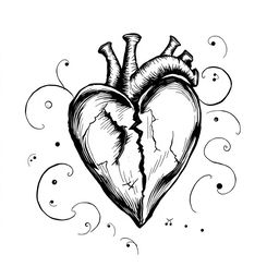 A hand-drawn black and white illustration of a broken heart, symbolizing lost love and the complexity of emotions