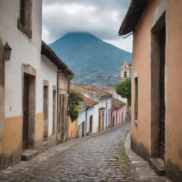 A detailed leaf elegantly frames a picturesque view of Antigua Guatemala, with its timeless cobblestone streets and grand colonial architecture