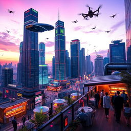 A futuristic cityscape at dusk, with towering skyscrapers that are covered in neon lights