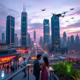 A futuristic cityscape at dusk, with towering skyscrapers that are covered in neon lights