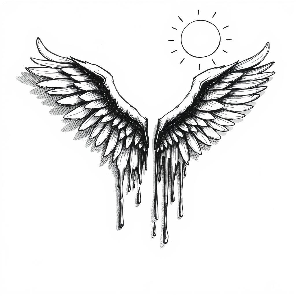 A hand-drawn black and white illustration depicting a pair of melting wings under the sun, symbolizing ambition and the associated risks of emotions