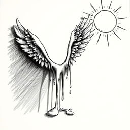 A hand-drawn black and white illustration depicting a pair of melting wings under the sun, symbolizing ambition and the associated risks of emotions