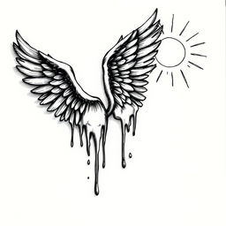 A hand-drawn black and white illustration depicting a pair of melting wings under the sun, symbolizing ambition and the associated risks of emotions